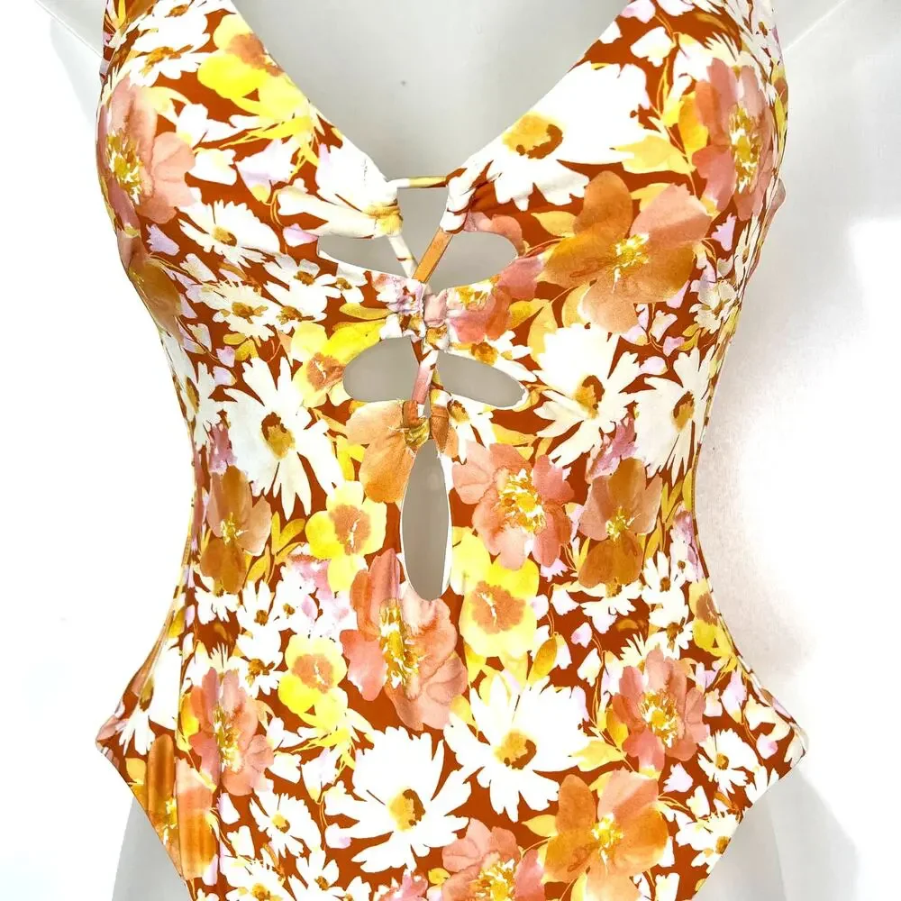 L SPACE Topanga Classic Floral One-Piece Swimsuit Brown Yellow